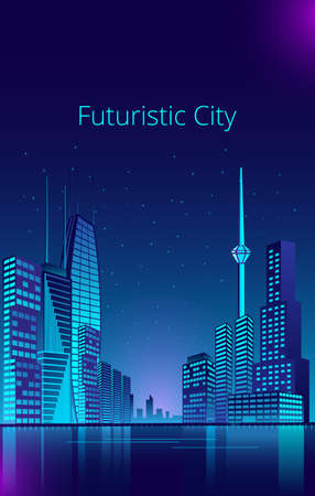 Fantastic city in the style of cyberpunk. Vector illustration in retro style in neon colors. Night city of the future. Banner templat.のイラスト素材