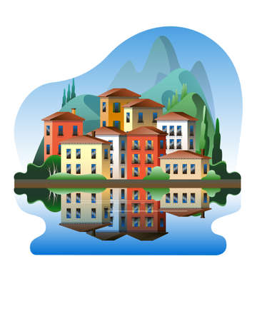 Colorful Mediterranean-style houses against the backdrop of mountains on the waterfront. Vector illustration on the theme of summer in Italy.のイラスト素材