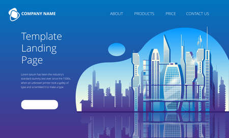 City of the future skyscrapers at dawn. Vector illustration in blue colors. Template for the first landing Page screen.のイラスト素材