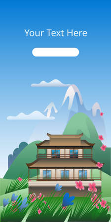 House in oriental style on the background of a mountain landscape. Summer mountain landscape with house. A template of vertical banner.のイラスト素材