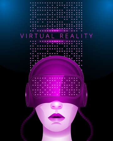 A girl in a virtual reality helmet studies data arrays. Vector illustration in neon colors. Poster template in the style of cyberpunk.のイラスト素材
