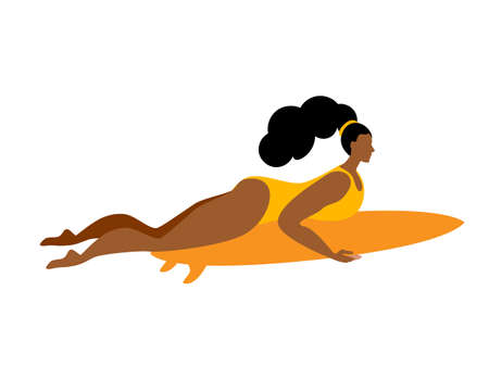 Surfer girl swims on a board. Isolated vector illustration in a flat style.のイラスト素材