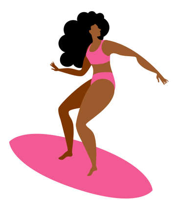 A girl in a swimsuit is surfing on a board. Isolated vector illustration in a flat style.のイラスト素材