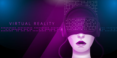 A girl in a virtual reality helmet studies data arrays. Vector illustration in neon colors. Template...
