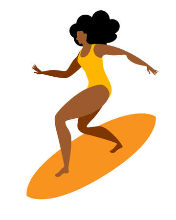 A girl in a swimsuit is surfing on a board. Isolated vector illustration in a flat style.のイラスト素材