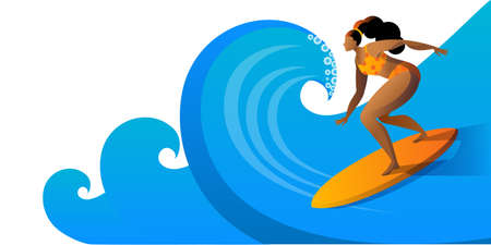 A girl in a swimsuit is surfing on a board. Horizontal banner template.のイラスト素材