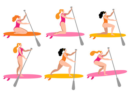 A girl in a swimsuit with a paddle stands on a surfboard. A set of vector isolated images with a...
