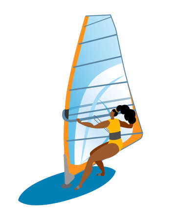 Girl ride a Board with a sail. Isolated vector illustration in a flat style on the theme of windsurfing.のイラスト素材