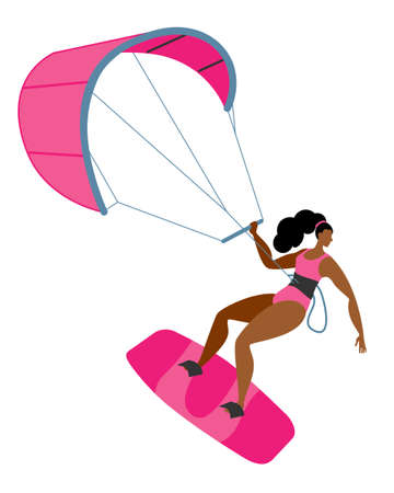 A girl on a board is engaged in kitesurfing. Isolated vector illustration in a flat style.のイラスト素材