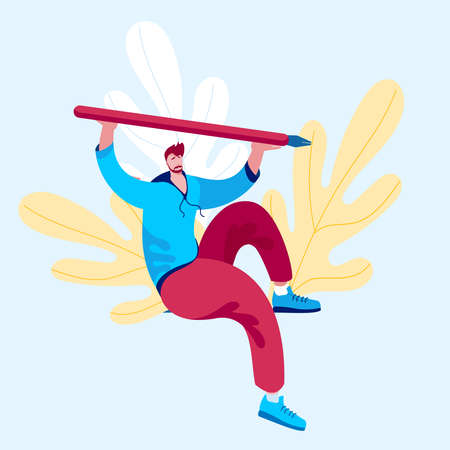 The young man draws a background in the form of leaves with a pen. Vector illustration in a flat style.のイラスト素材