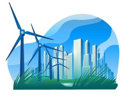 A modern city with wind power generators. Vector full-color illustration.のイラスト素材