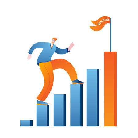 A person climbs the bar chart to success. Vector illustration in a flat style on the topic of team work success.のイラスト素材