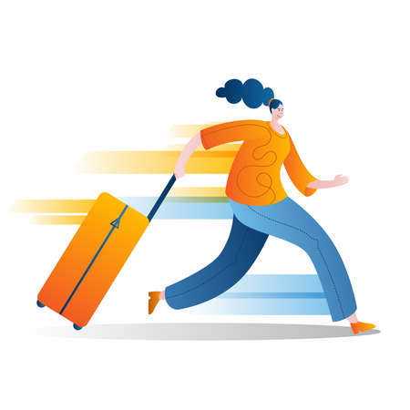 The passenger with the suitcase runs fast. Vector isolated illustration on the topic of tardiness and haste.のイラスト素材