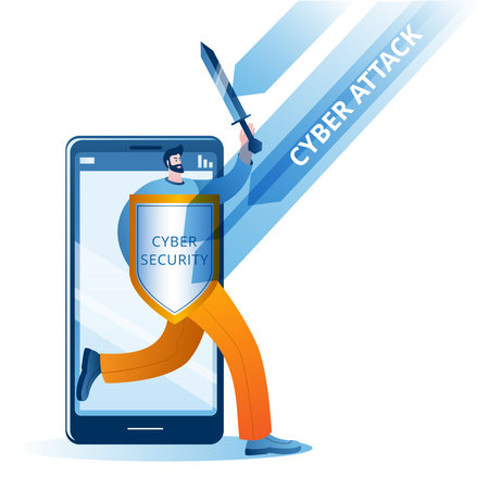 A man with a shield and a sword comes out of the smarphone. Concept of a vector illustration on the topic of cybersecurity and personal data protection.のイラスト素材