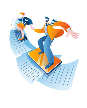 A man and a woman in a business suit surf the news on the phone. Concept of a vector illustration.のイラスト素材