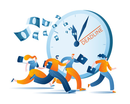 Men and women in casual clothes with laptops are running fast. The concept of a vector illustration...