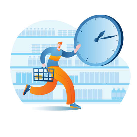 A young man with a shopping basket runs along the shelves in a supermarket. The concept of a vector illustration on the theme of working hours of a grocery store.のイラスト素材