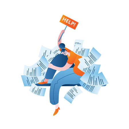 A tired woman, overwhelmed with work, holds a sign with the inscription. Vector isolated illustration on the topic of overwork and workaholism.のイラスト素材