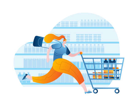 A woman goes to the supermarket with a cart. A conceptual illustration on the topic of a supermarket.のイラスト素材