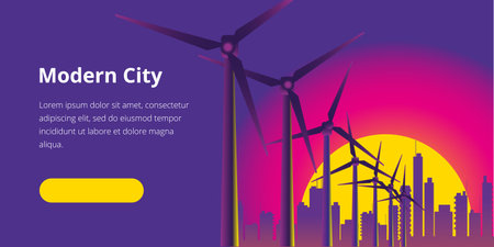 A modern city with wind power generators. Vector in neon color illustration. Horizontal banner template.のイラスト素材