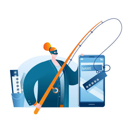 The girl stands next to the smartphone and catches the user passwords on the hook. Concept of a vector illustration on the topic of cybercrime and phishing attacks.のイラスト素材