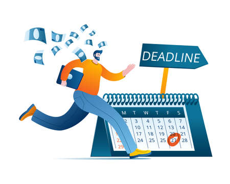 A man with a laptop is running fast against the background of a calendar and an arrow with an inscription. Vector illustration in a flat style on the topic of time management.のイラスト素材