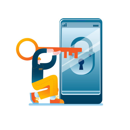 The young man opens a virtual lock on his phone. The concept of a vector illustration on the topic of virtual security and data protection.のイラスト素材