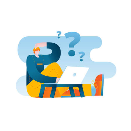 The character looks thoughtfully at the laptop screen. Vector illustration on the topic of working at a computer, freelancing and problem solving.のイラスト素材