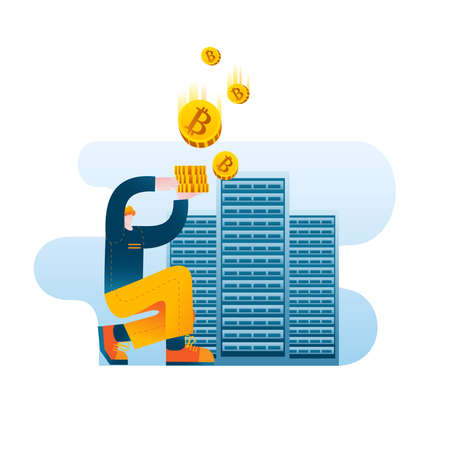 A man in casual clothes is mining bitcoin against the background of servers. Vector illustration on the topic of cryptocurrencies.のイラスト素材