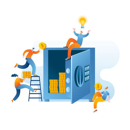 Small characters with coins in their hands are bustling around in a large open safe. Vector illustration in a flat style. A metaphor on the topic of depositing and storing money.のイラスト素材