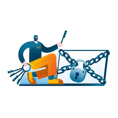 A hacker with a set of lock picks in his hand breaks into the protection of a laptop. A metaphor on the topic of hacking the virtual protection of the computer and hacker attacks.のイラスト素材