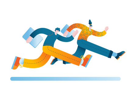 A girl and a young man with laptops are running a race. Vector illustration on the topic of rivalry...