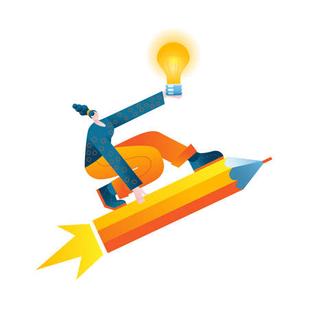 The girl flies to success on a pencil and holds an idea-a light bulb in her hands. Vector illustration on the topic of a successful idea.のイラスト素材