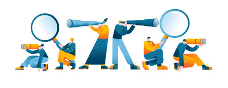 Characters with a telescope and a magnifying glass are looking for something. Vector illustration in a flat style on the topic of searching for information from various sources.のイラスト素材