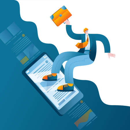 A man in a business suit is looking through the news on the phone. The concept of a vector illustration on the topic of surfing the Internet and social networks.のイラスト素材