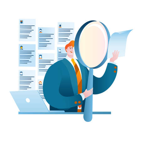 HR Manager uses a magnifying glass to view various resumes. Vector illustration in cartoon style.のイラスト素材