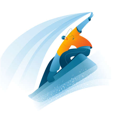 A man in a bright suit to snowboard. Winter landscape with snow. Vector illustration.のイラスト素材