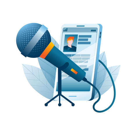 A large microphone is connected to a mobile phone. A metaphor on the topic of a podcast. Vector illustration in a flat style.のイラスト素材