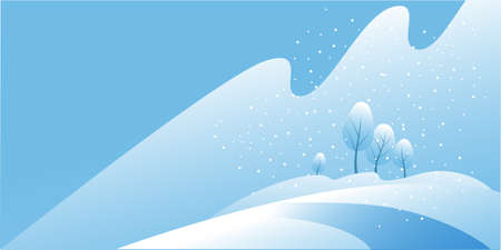 Beautiful winter landscape in blue shades with snow. Horizontal banner template. Vector illustration.のイラスト素材