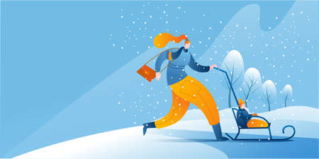 A woman in warm clothes with a sled and a small child is walking. A template for a horizontal banner with a winter theme.のイラスト素材