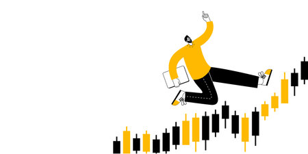 A young man with a laptop in his hands is running on a Forex chart. Vector illustration about...