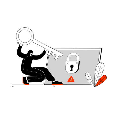 The hacker opens a virtual lock on the laptop. The concept of a vector illustration on the topic of hacking laptop and hacker attacks.のイラスト素材