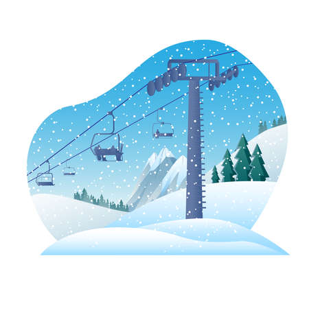 The image of a chairlift ski lift on the background of a mountain winter landscape. Vector illustration.のイラスト素材