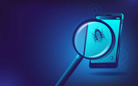 The magnifying glass looks for bugs in the mobile application. Vector illustration on the topic of mobile development and testing. Template for a horizontal banner.のイラスト素材