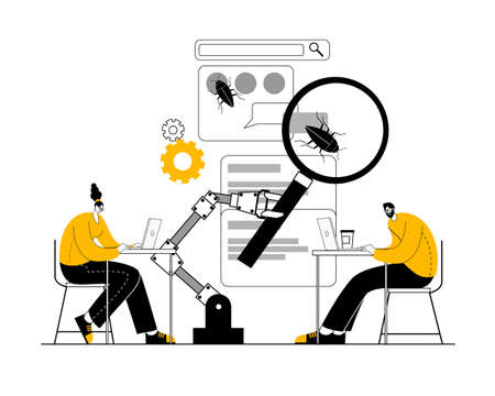 The Quality control department is looking for errors in the mobile application. Vector illustration on the topic of mobile development and testing.のイラスト素材