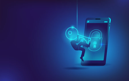 The hacker opens a virtual lock on the phone. The concept of a vector illustration on the topic of...