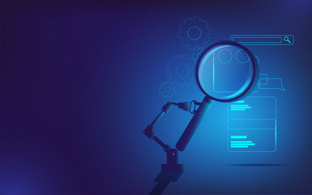 A robotic arm with a magnifying glass looks for errors in a mobile application. Vector illustration on the topic of mobile development and testing. Template for a horizontal banner.のイラスト素材