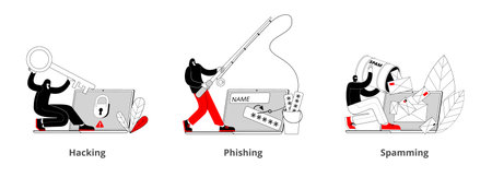 A hacker is engaged in phishing on a laptop. The thief opens the protection of the computer. The...