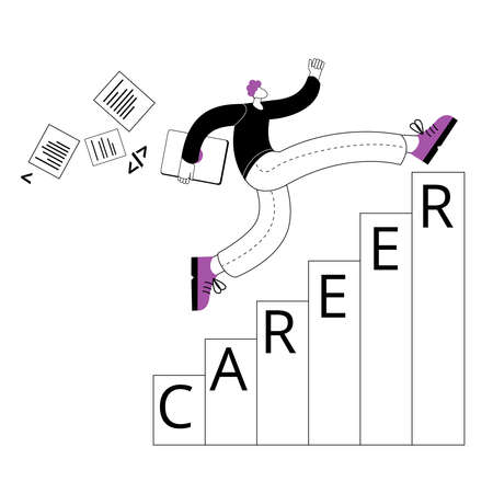 A man in casual clothes with a laptop in his hands is running up the career ladder. Vector illustration of a successful career.のイラスト素材