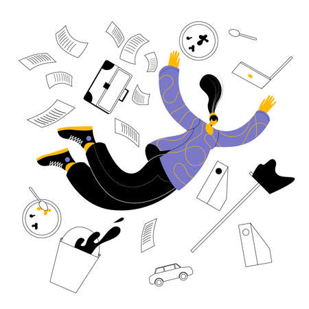 A girl in casual clothes levitates among office stuff and home life. Vector illustration in contour style on the topic of excessive workload of a woman.のイラスト素材